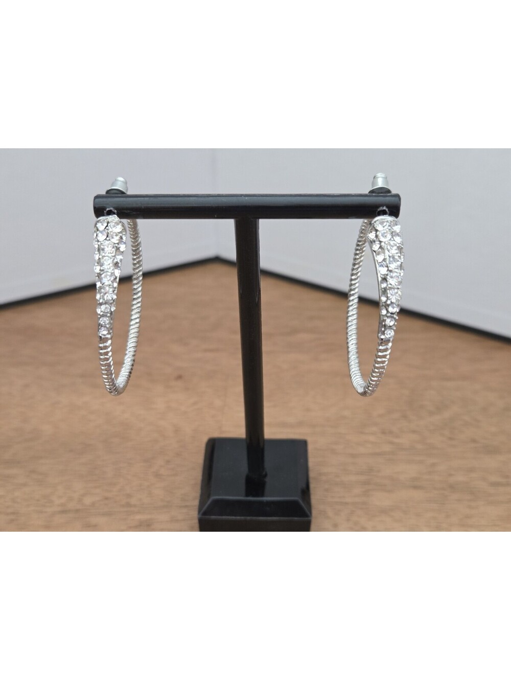 Silver Tone Rhinestone Hoop Earrings Twisted Textured Open Hoops Post Back